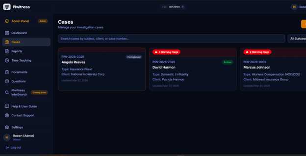 PIwitness documents screen with investigative forms and templates