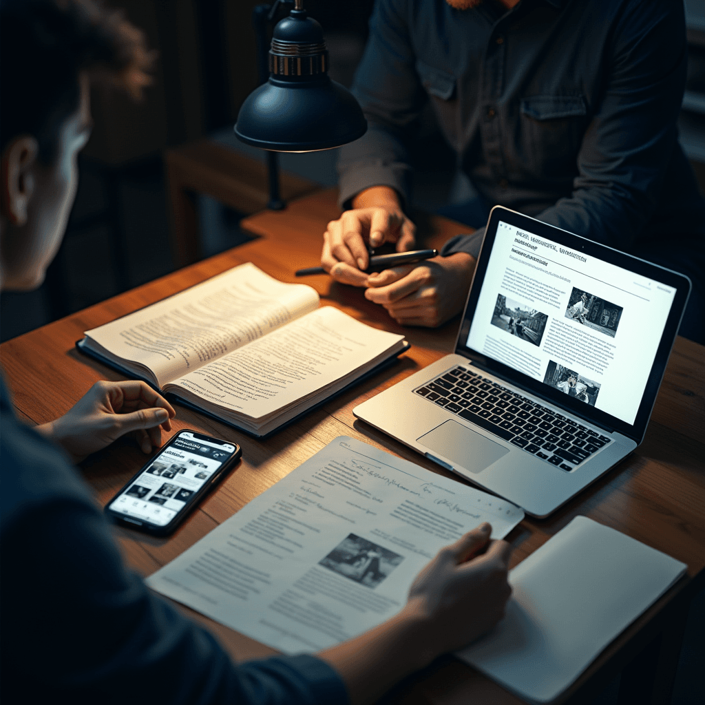 Investigative workflow scene showing field notes, phone, evidence photos, and report preparation